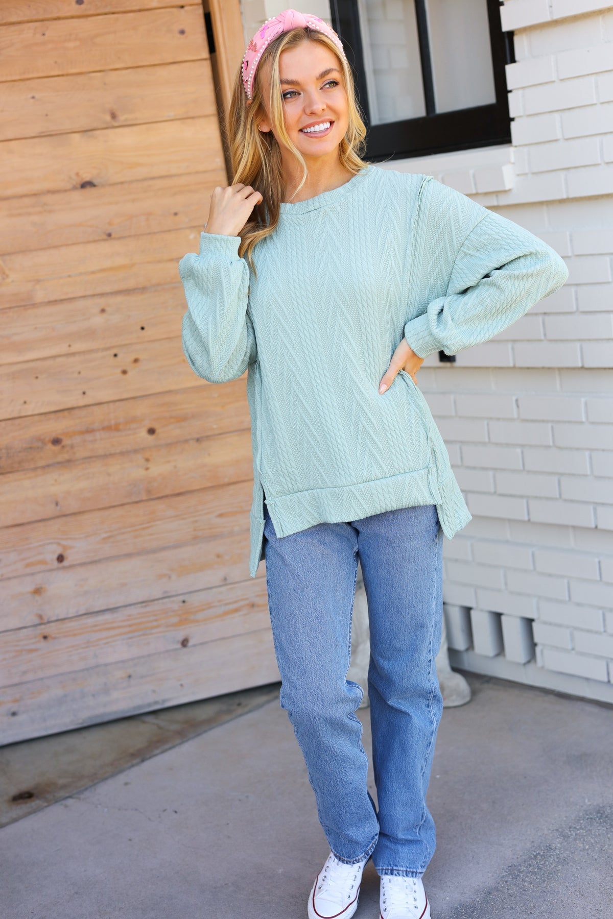 Back to Basics Sage Jacquard Cable Pullover Top