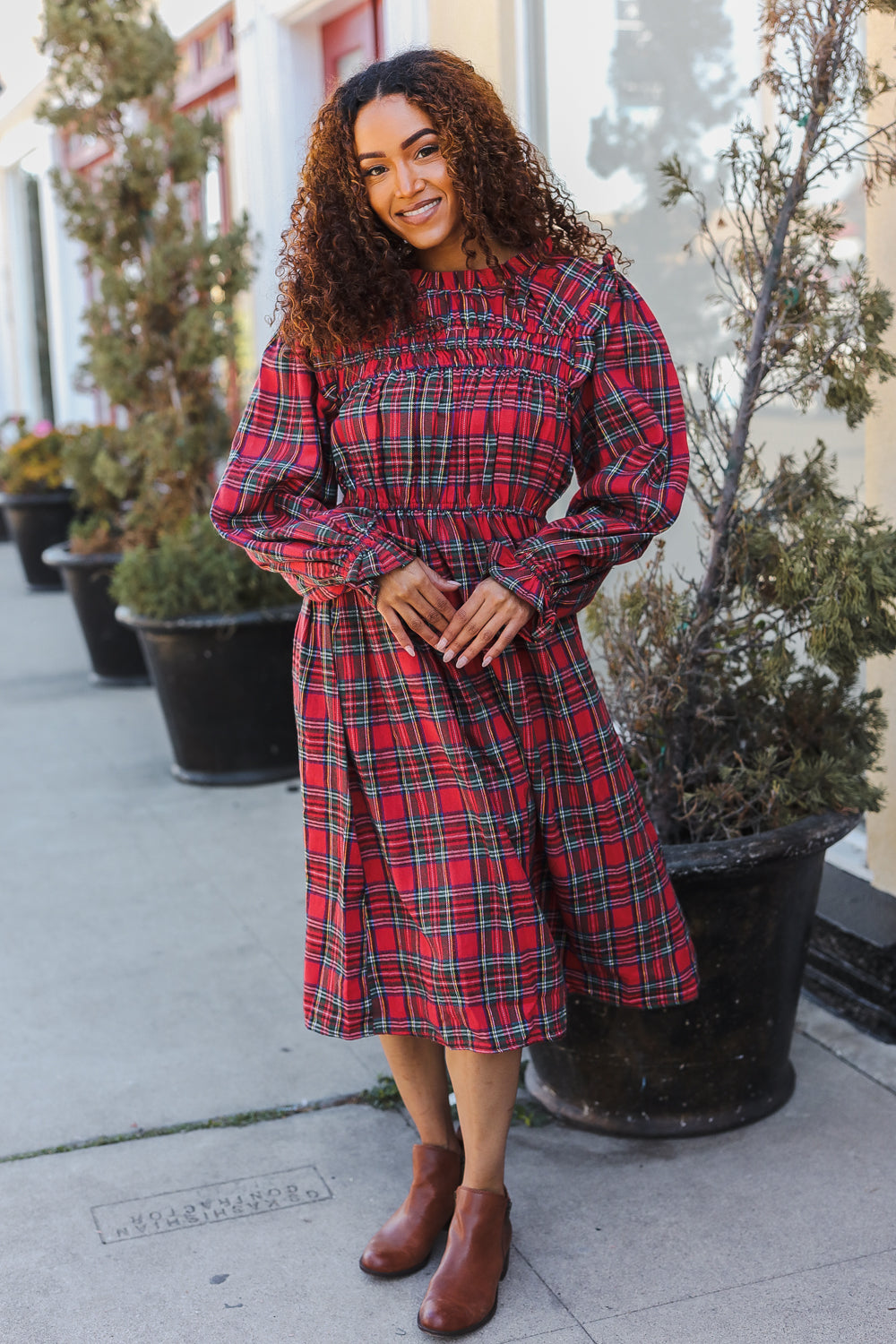 All I Want Hunter Red Plaid Check Woven Pocketed Dress