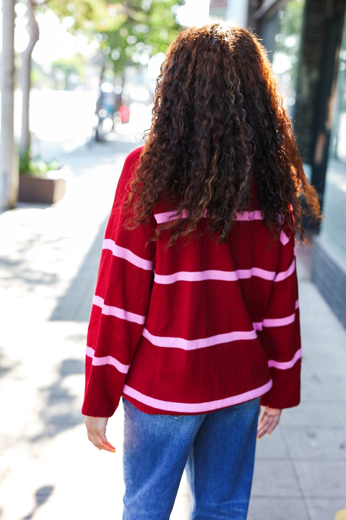 Fall For You Crimson Stripe Notched Neck Collared Oversized Sweater