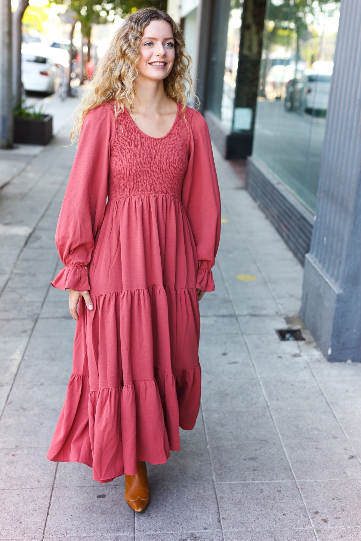 Beautiful You Lock Eyes Marsala Smocked Ruffle Sleeve Maxi Dress