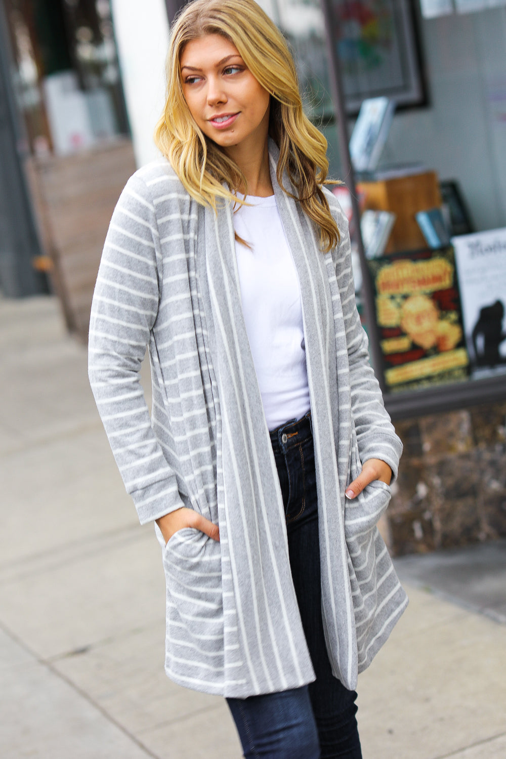 Grey Striped Hacci Open Cardigan