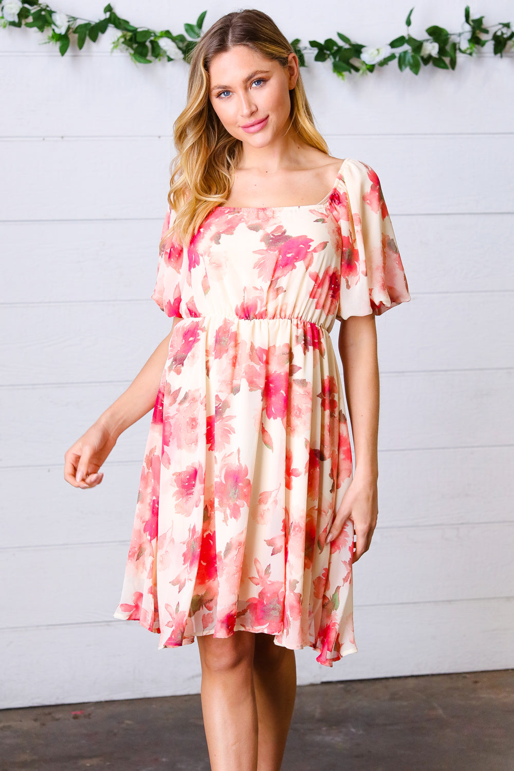 Peach Floral Chiffon Puff Sleeve Dress