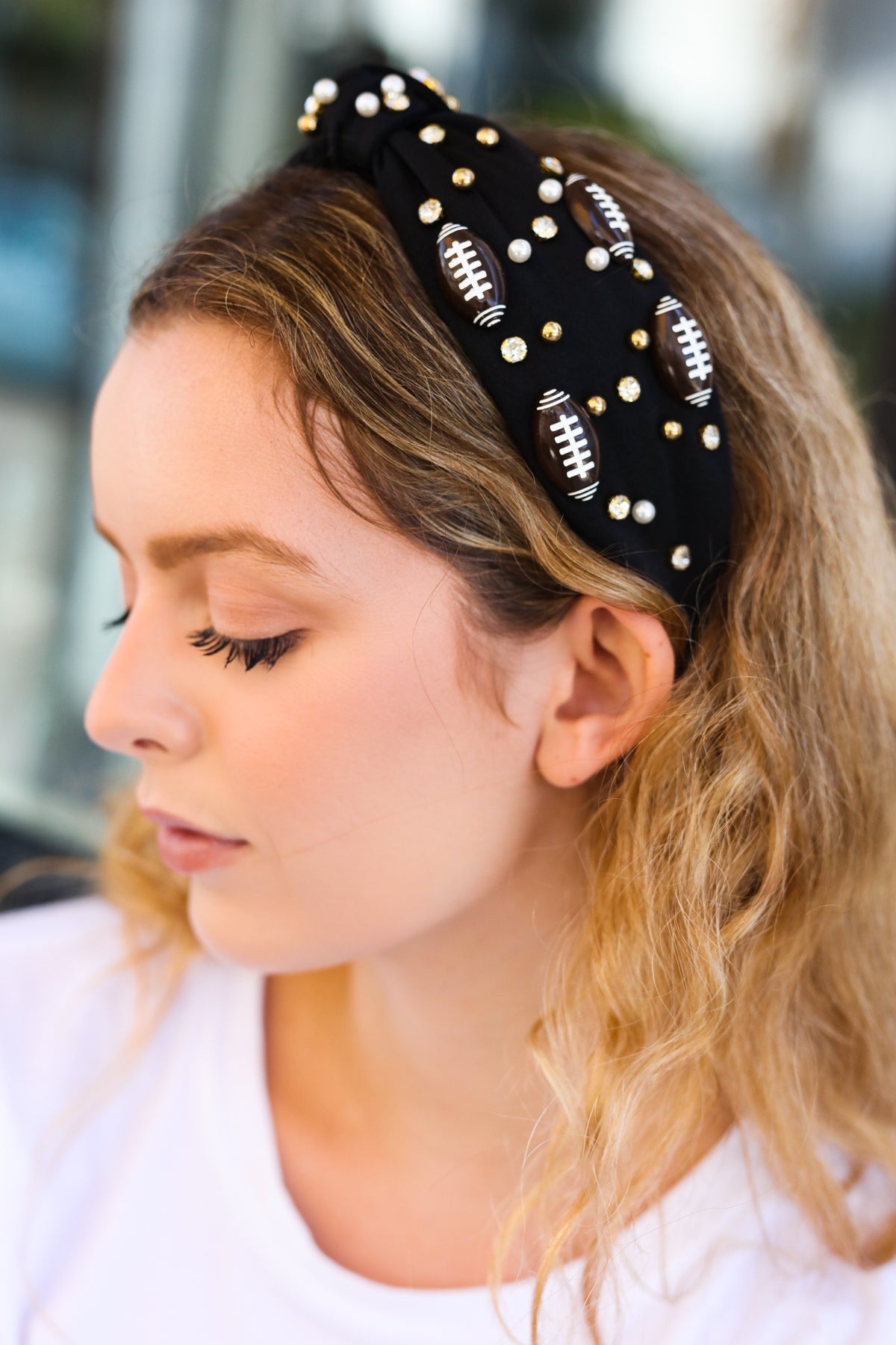 Black Stone & Gem Football Embellished Top Knot Headband