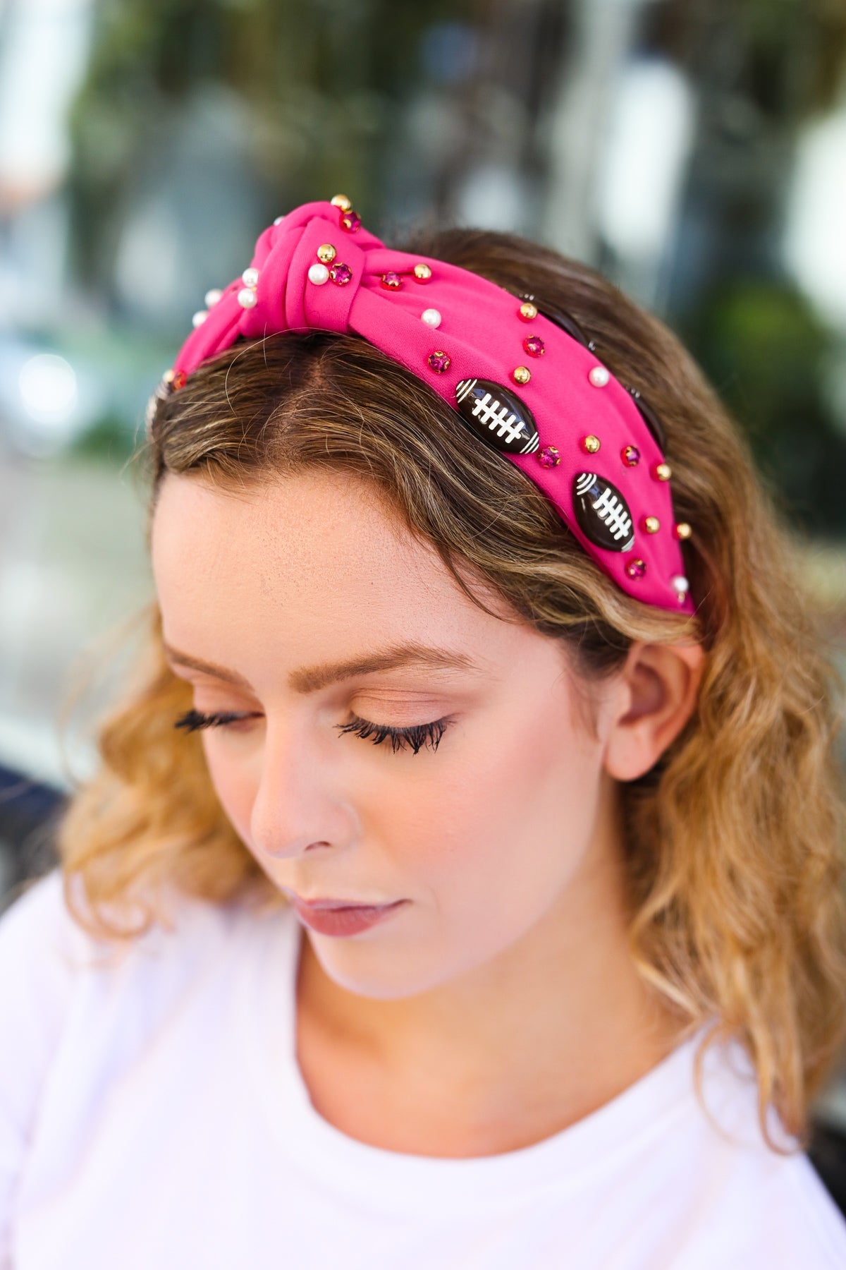 Fuchsia Stone & Gem Football Embellished Top Knot Headband