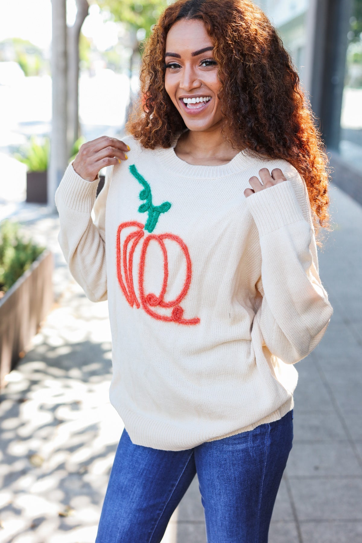 Pumpkin Spice Metallic Yarn Embroidered Oversized Sweater