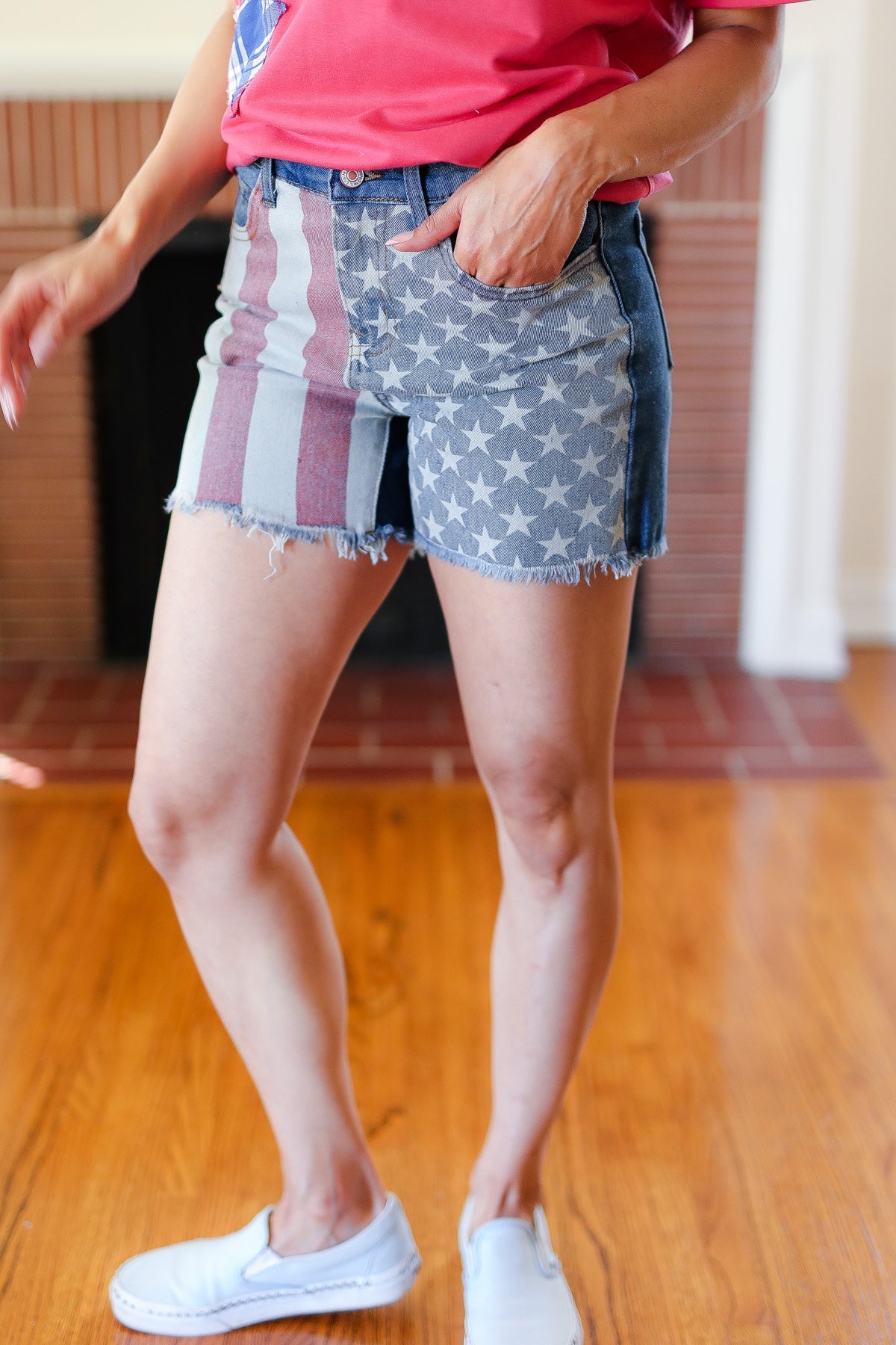 American Flag High Rise Frayed Hem Denim Shorts