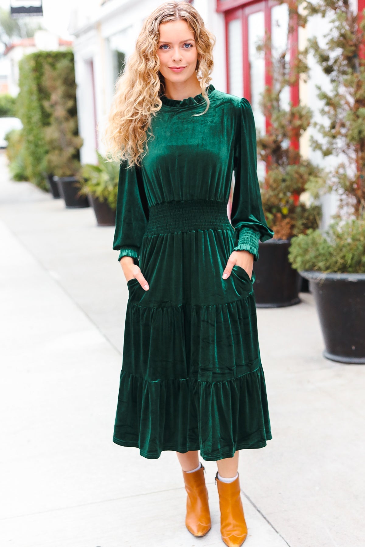 Holiday Dreaming Hunter Green Velvet Mock Neck Smocked Waist Dress