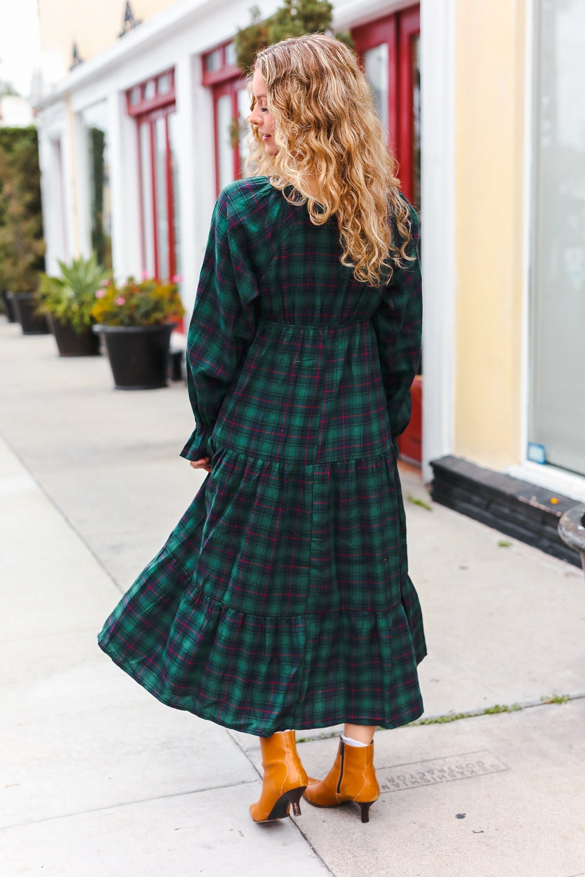 All I Want Hunter Green Plaid Elastic V Neck Tiered Maxi Dress