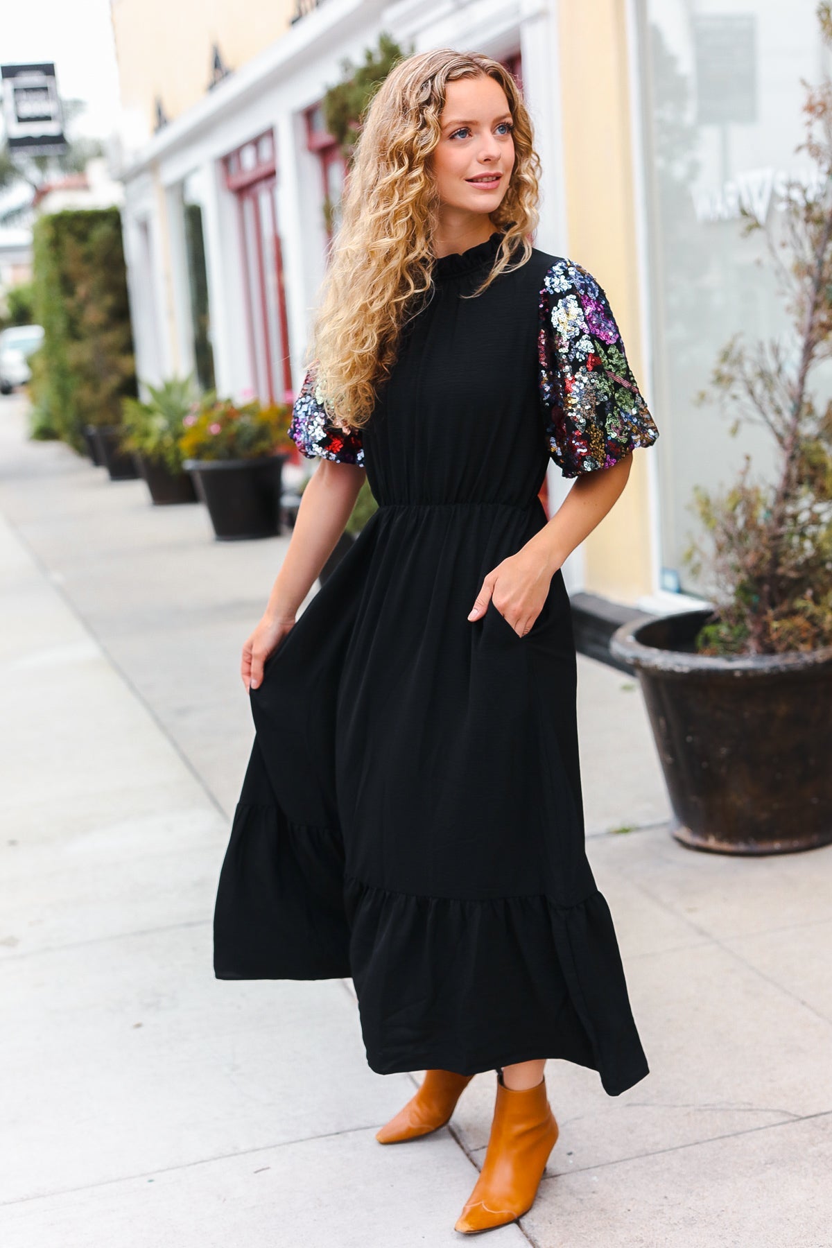 Black Floral Sequin Puff Sleeve Mock Neck Tiered Maxi Dress