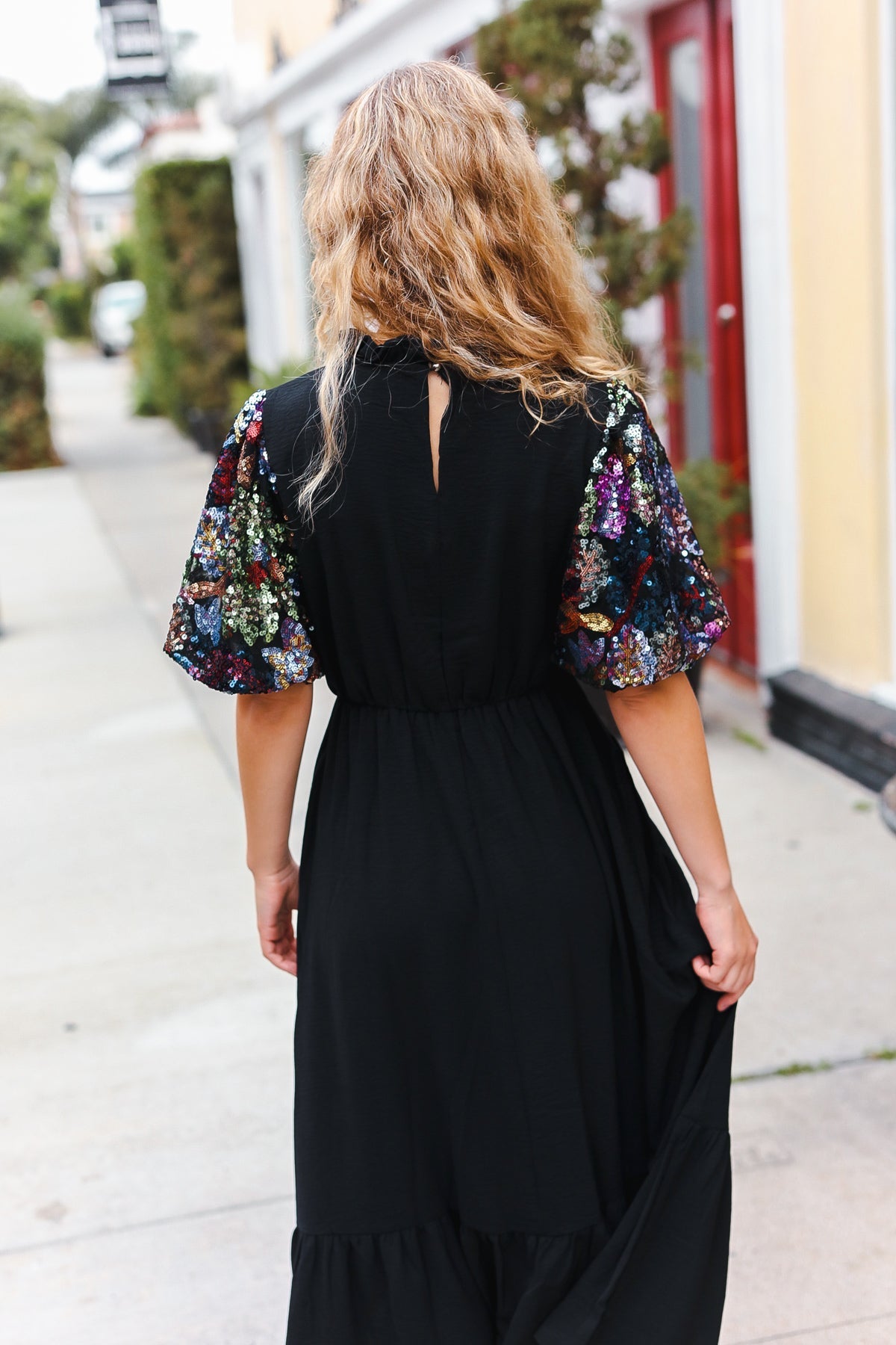 Black Floral Sequin Puff Sleeve Mock Neck Tiered Maxi Dress