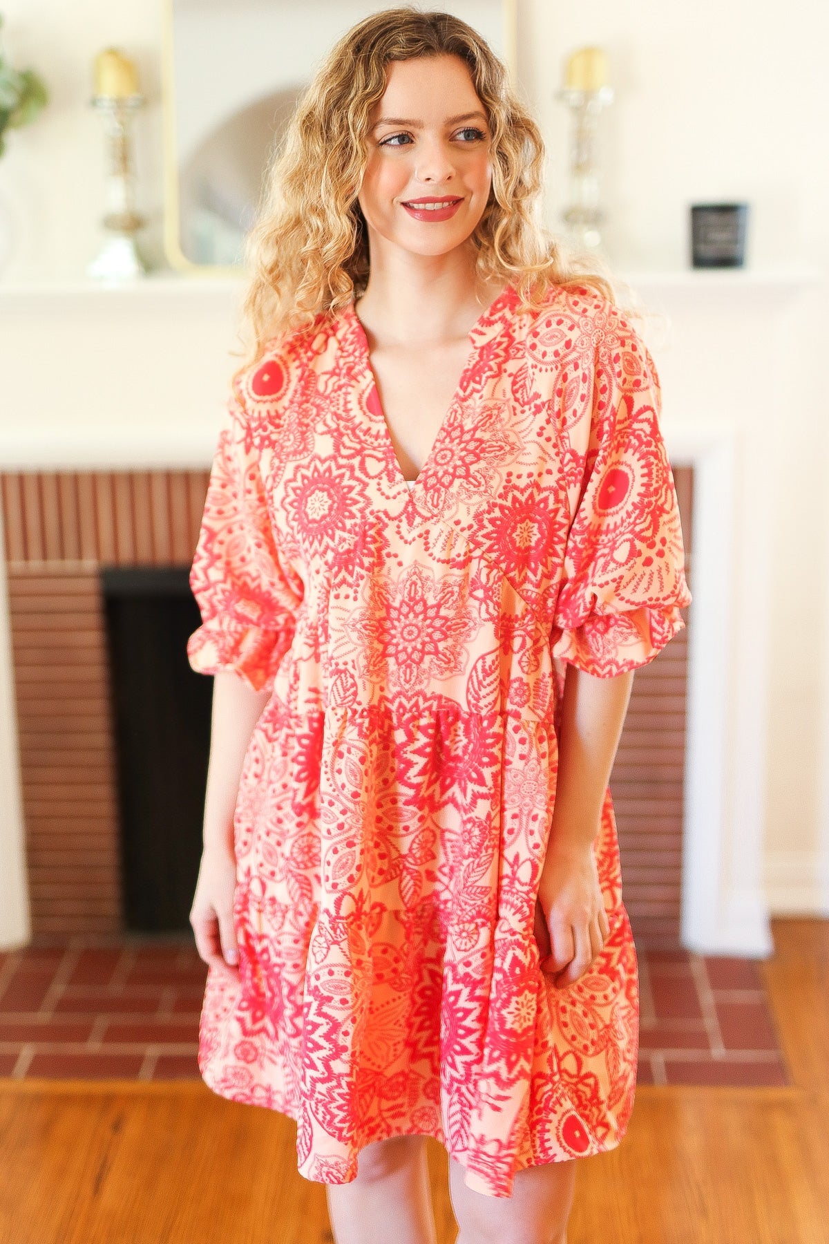 All You Need Peach & Coral Boho Floral V Neck Dress