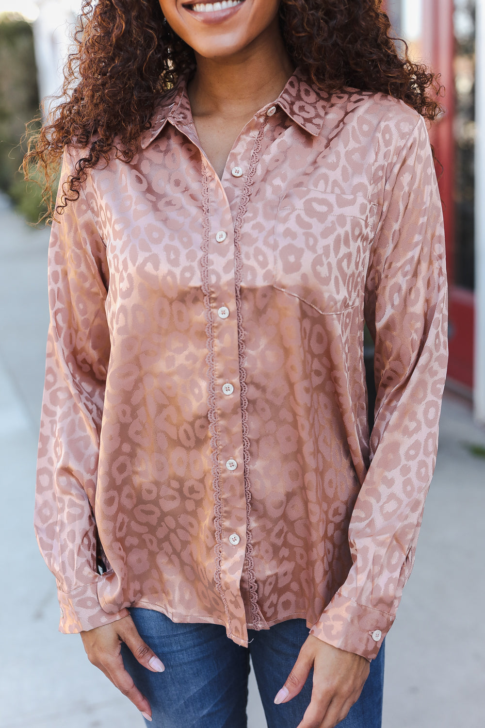 Diva Dreams Neude Animal Print Button Down Lace Shirt Top