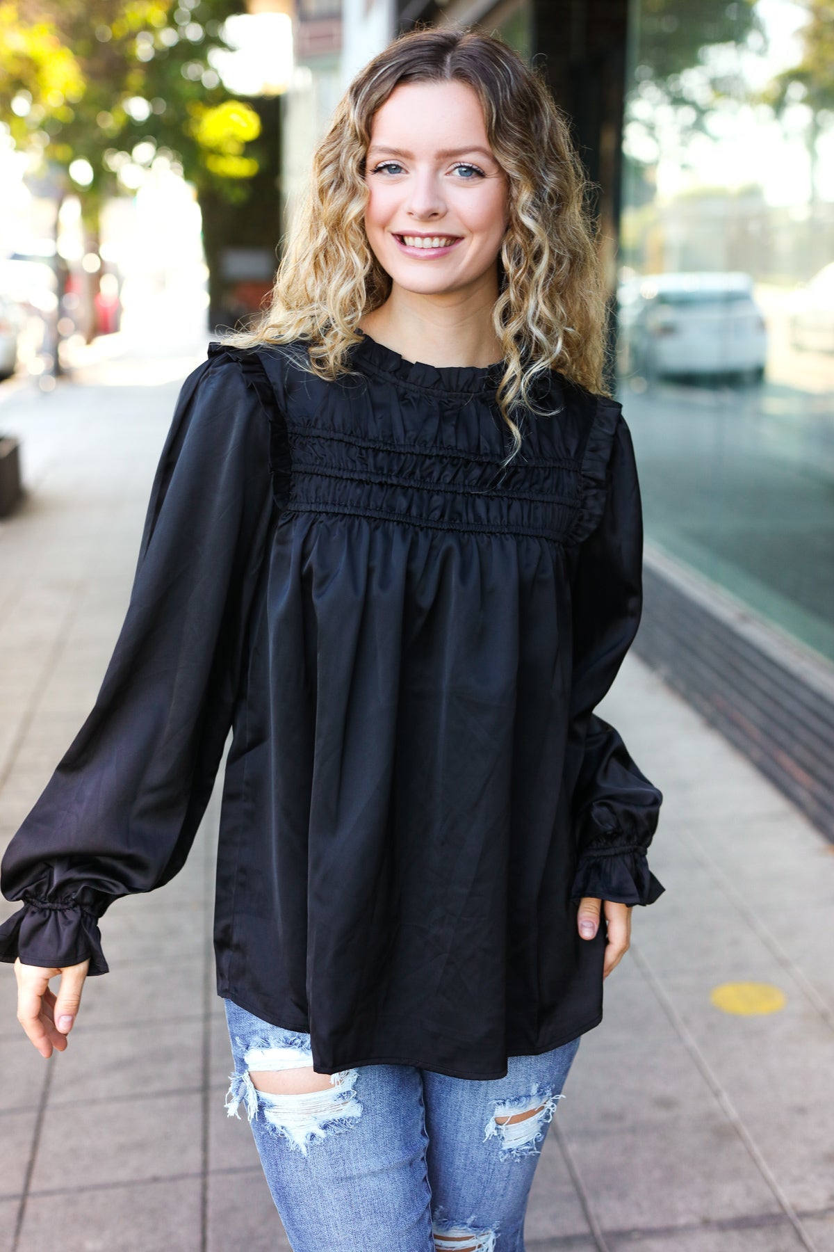 Be Your Best Black Satin Shirred Yoke Frilled Mock Neck Top