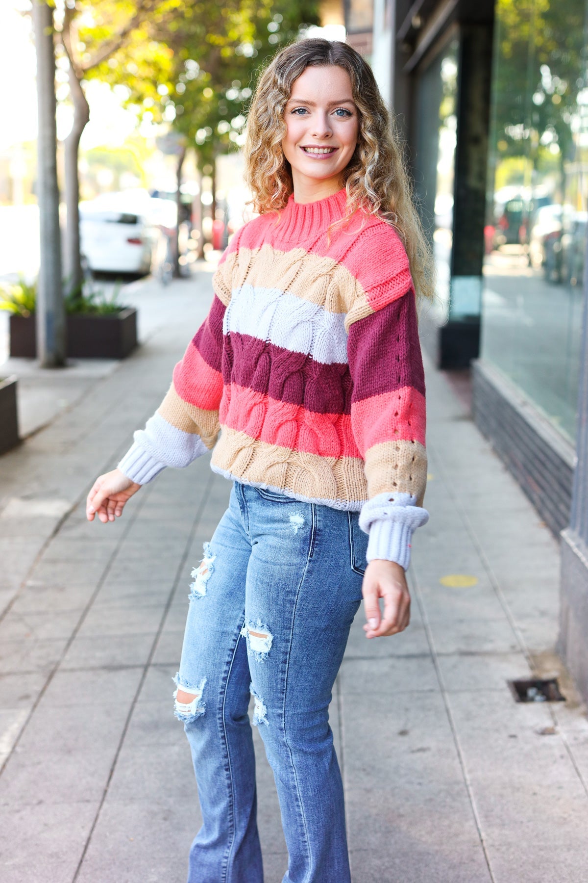 Fall For You Rust Multicolor Stripe Cable Knit Mock Neck Sweater