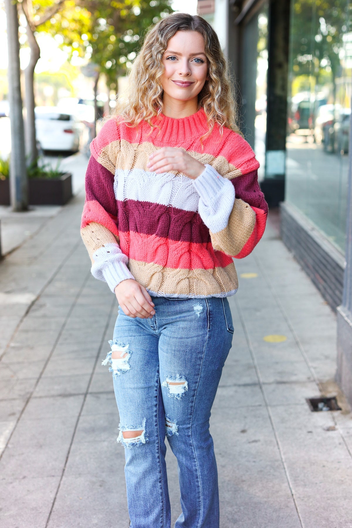 Fall For You Rust Multicolor Stripe Cable Knit Mock Neck Sweater