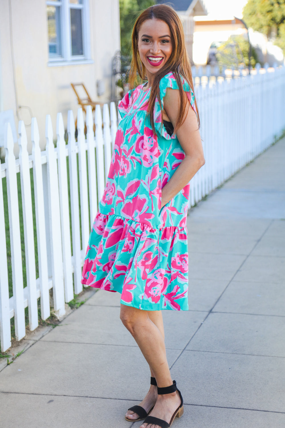 Diva Dreaming Aqua Floral Print Tiered Ruffle Sleeve Dress