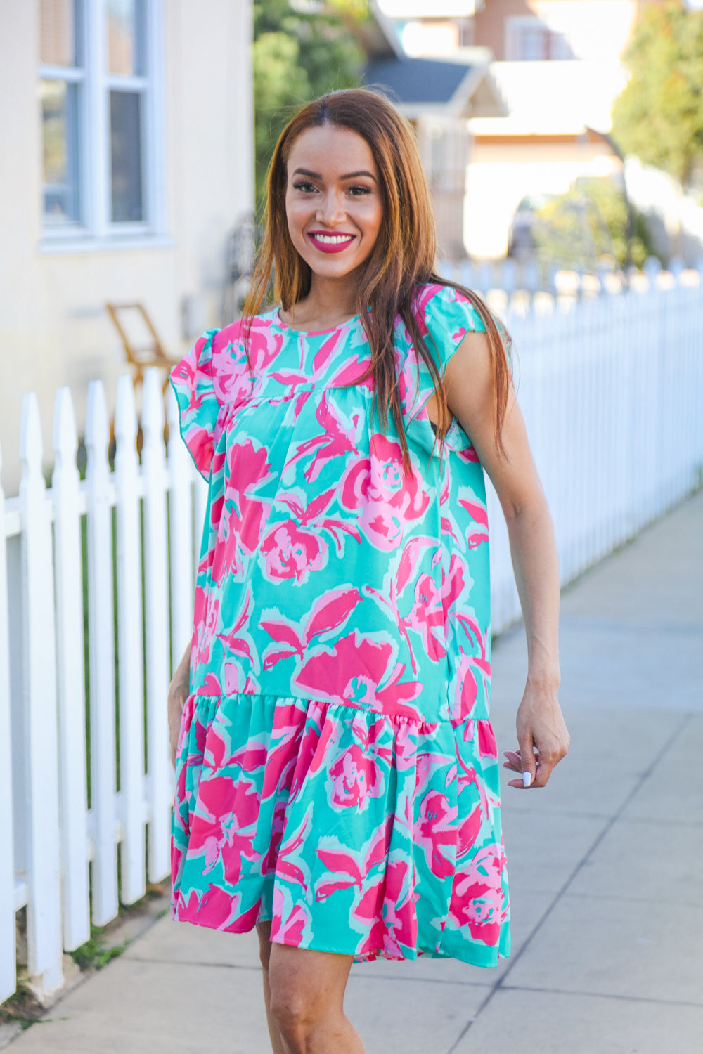 Diva Dreaming Aqua Floral Print Tiered Ruffle Sleeve Dress