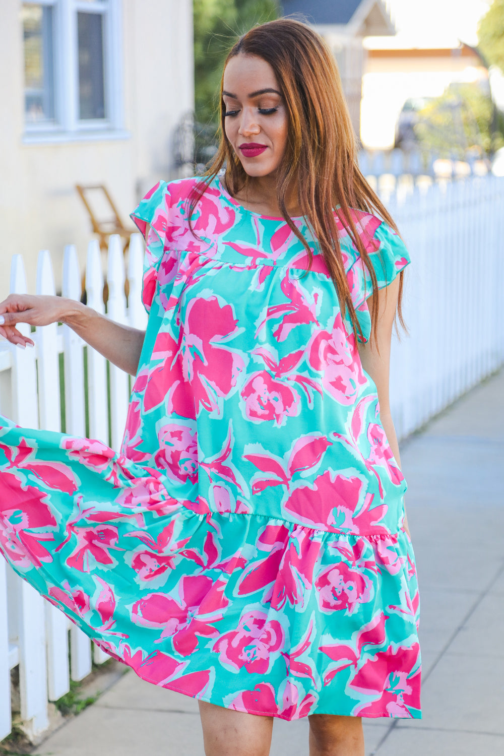 Diva Dreaming Aqua Floral Print Tiered Ruffle Sleeve Dress