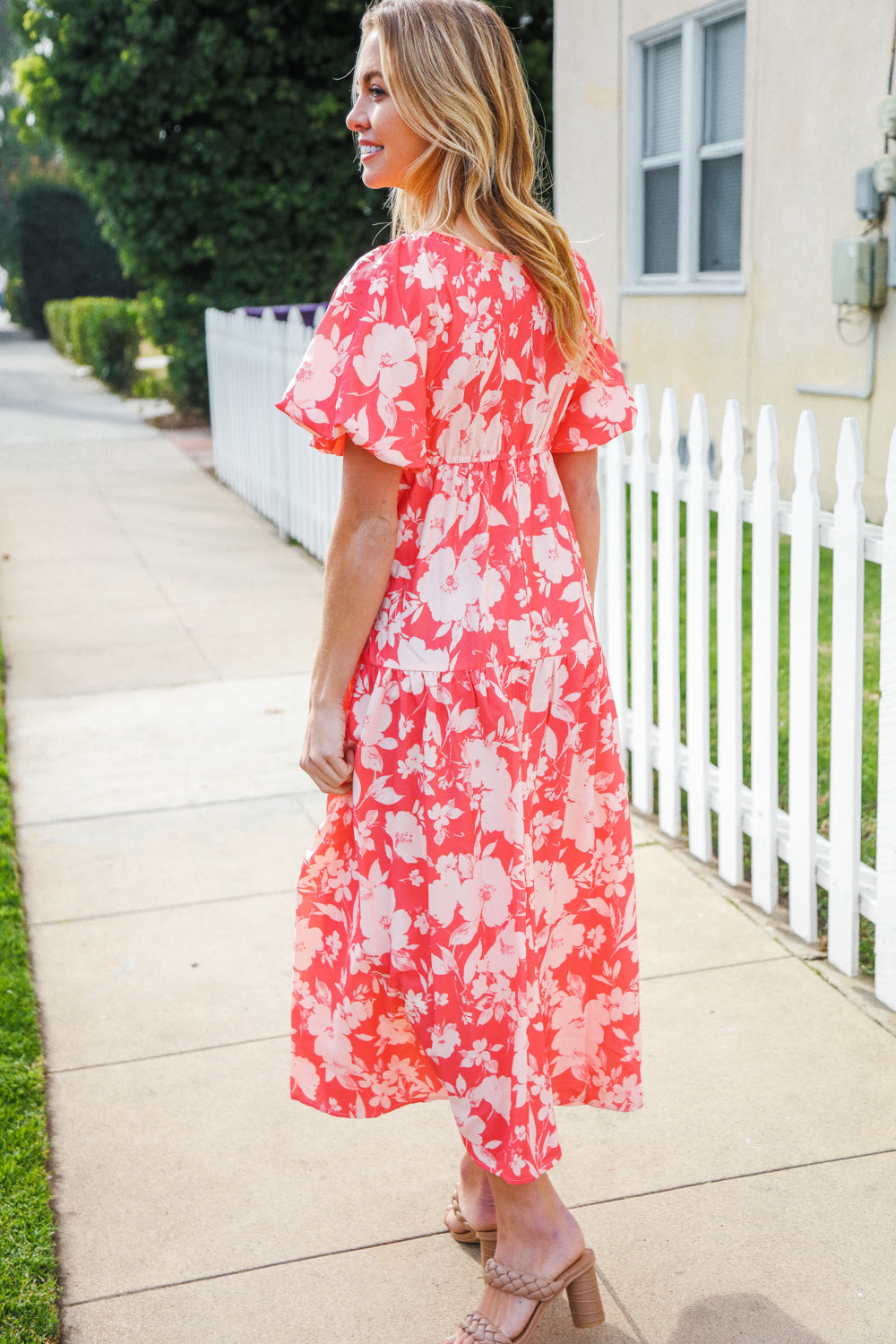 Hello Beautiful Coral Elastic V Neck Tiered Big Floral Maxi Dress