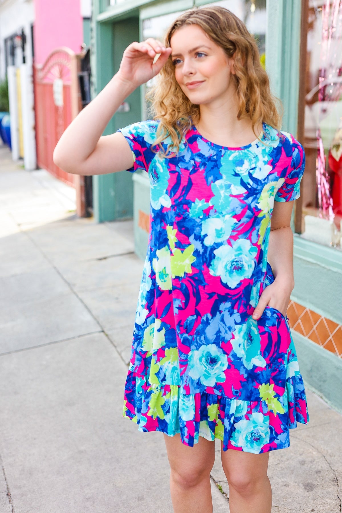 Everyday Blue & Pink Floral Ruffle Hem Dress