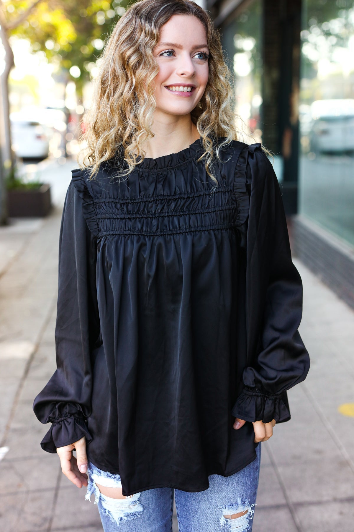 Be Your Best Black Satin Shirred Yoke Frilled Mock Neck Top