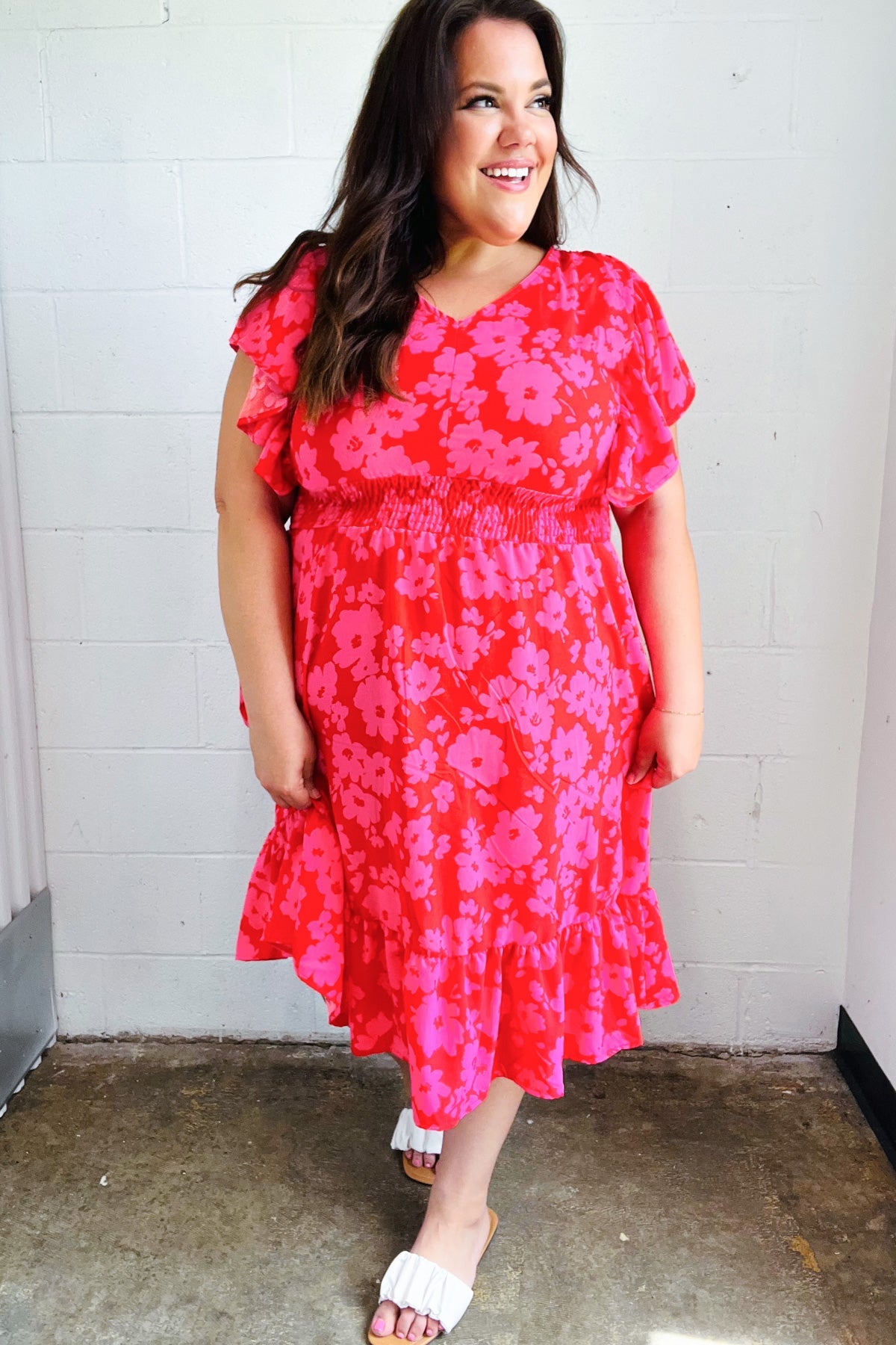 Remember Me Red & Pink Floral Print Smocked Waist Midi Dress