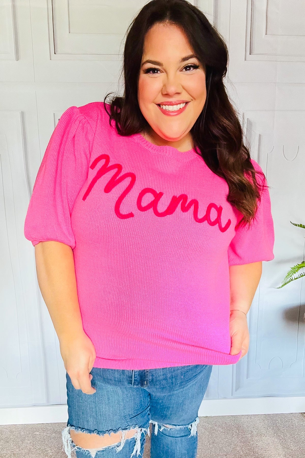 Take A Bow Pink "Mama" Embroidery Puff Sleeve Sweater Top