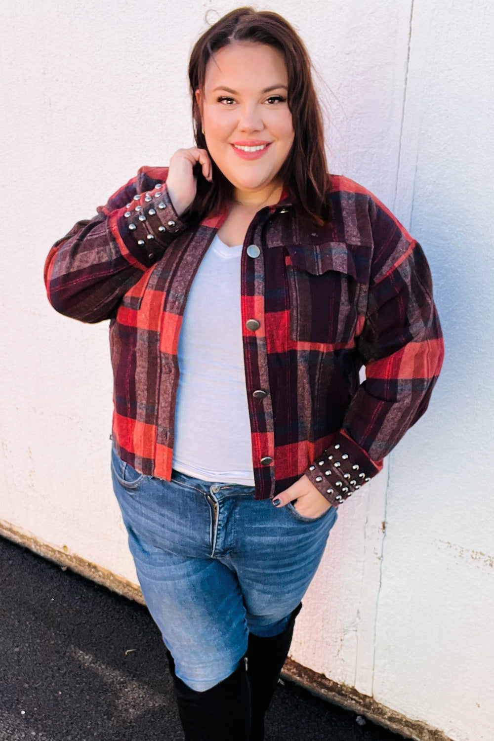 City Streets Burgundy & Rust Plaid Studded Cropped Jacket