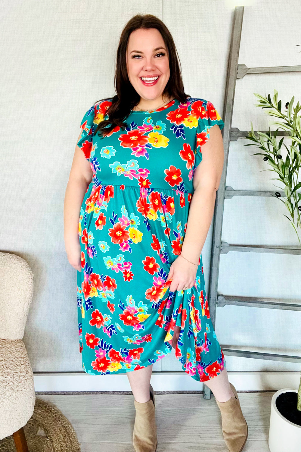 In Your Dreams Emerald Floral Print Folded Flutter Sleeve Midi Dress