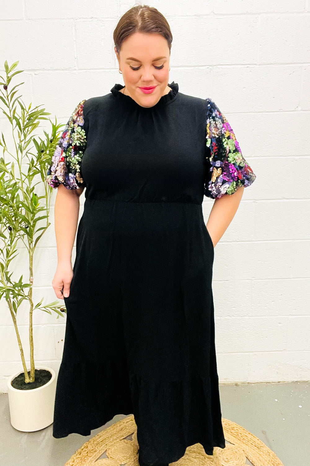 Black Floral Sequin Puff Sleeve Mock Neck Tiered Maxi Dress