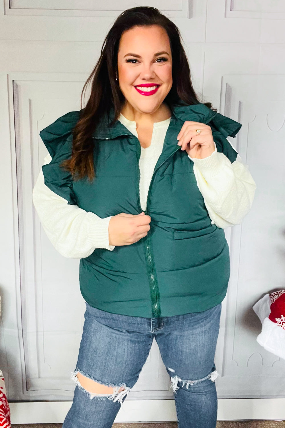 Feeling Festive Hunter Green Zipper Up Quilted Ruffle Sleeve Puffer Vest