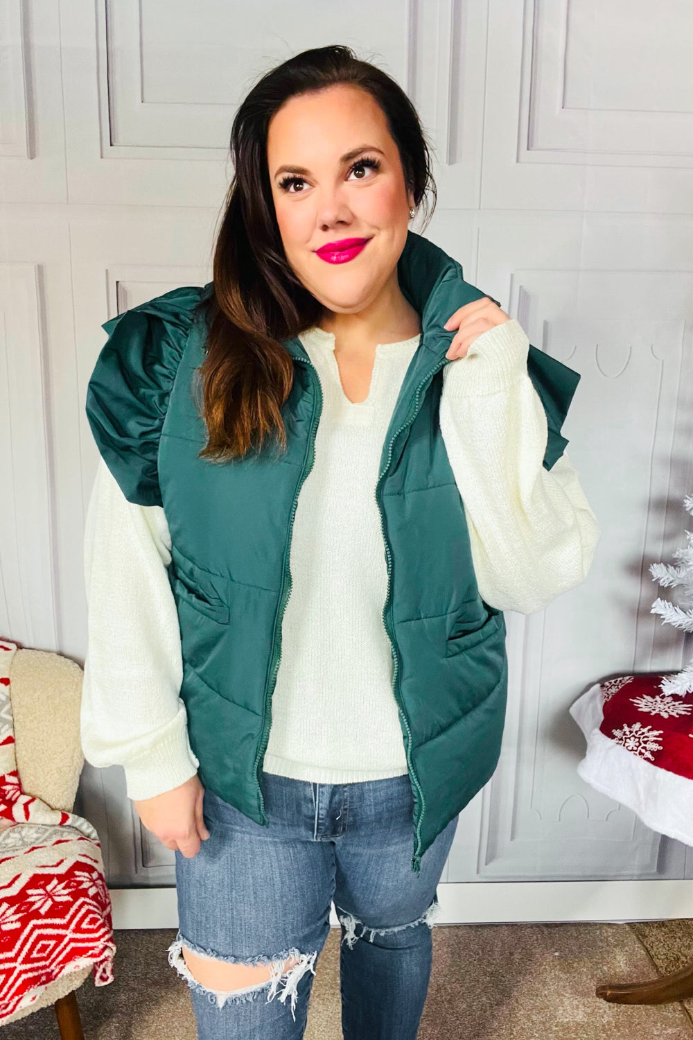 Feeling Festive Hunter Green Zipper Up Quilted Ruffle Sleeve Puffer Vest