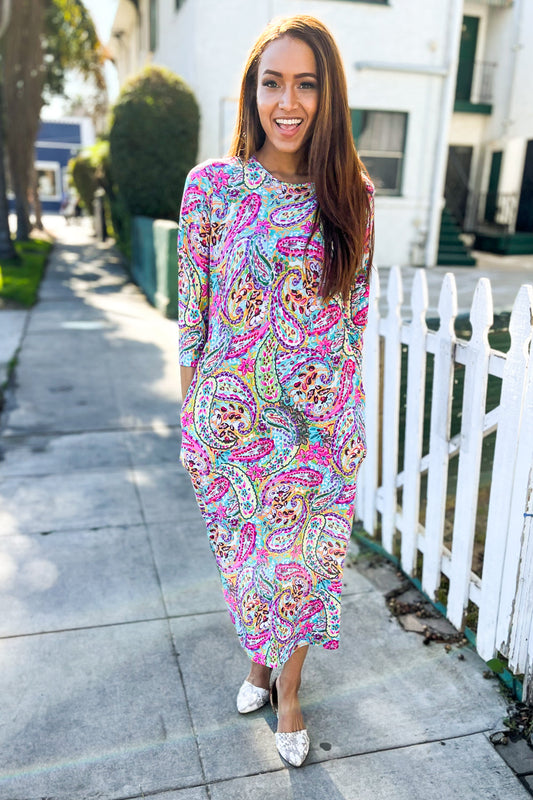 Follow Me Round Neck Paisley Print Pocketed Midi Dress